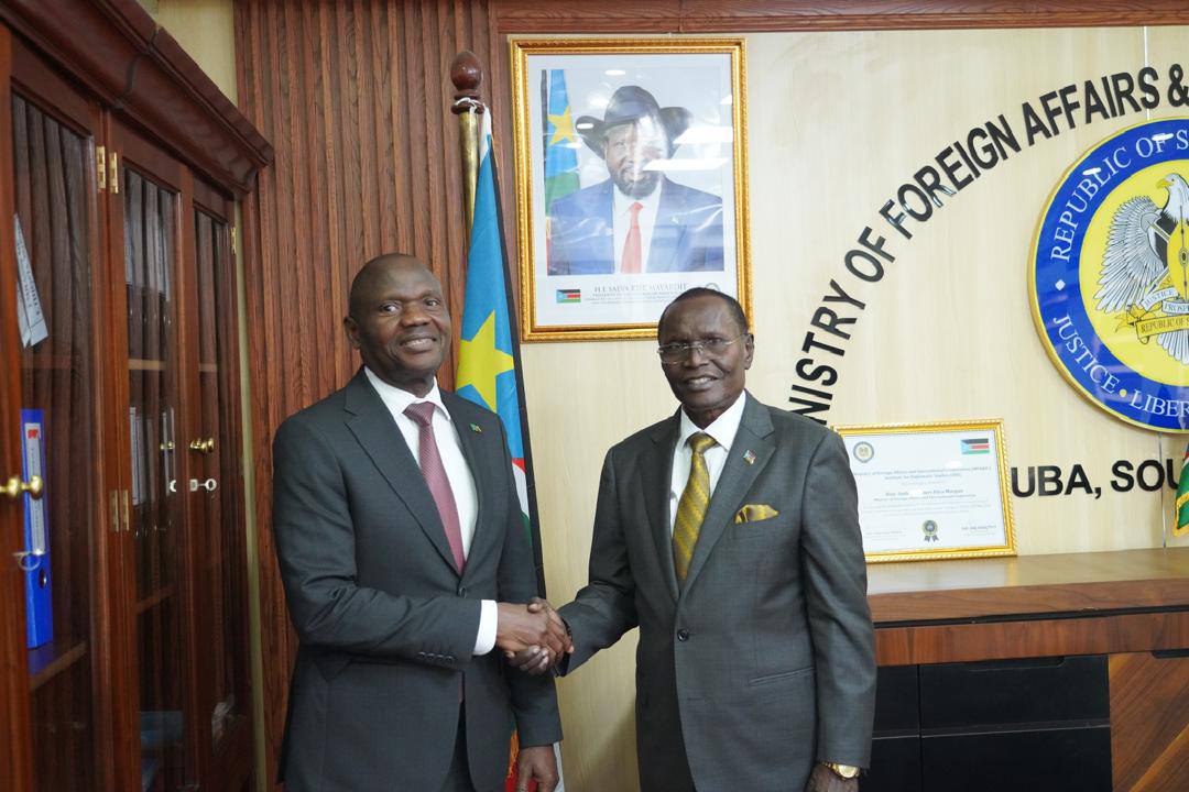 Hon. Amb. Dr. James Pitia Morgan, Minister of Foreign Affairs and International Cooperation, received H.E. Amb. Alfred Musemuna, Non-Resident Ambassador of the Republic of Zambia to the Republic of South Sudan