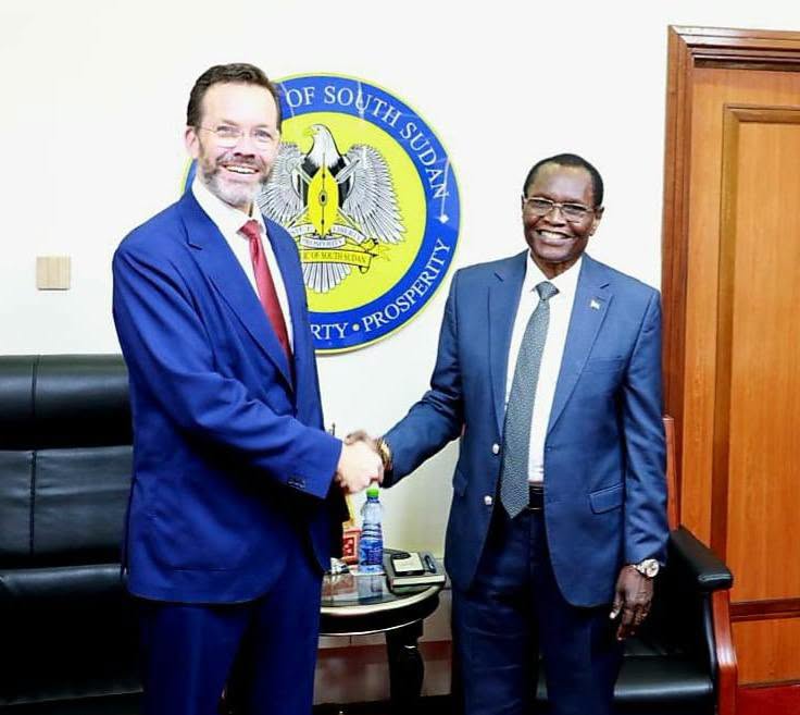 The Honorable Amb. Dr. James Pitia Morgan, Minister of Foreign Affairs and International Cooperation, received H.E. Sebastian Brokelmann, Ambassador of the Federal Republic of Germany to the Republic of South Sudan.