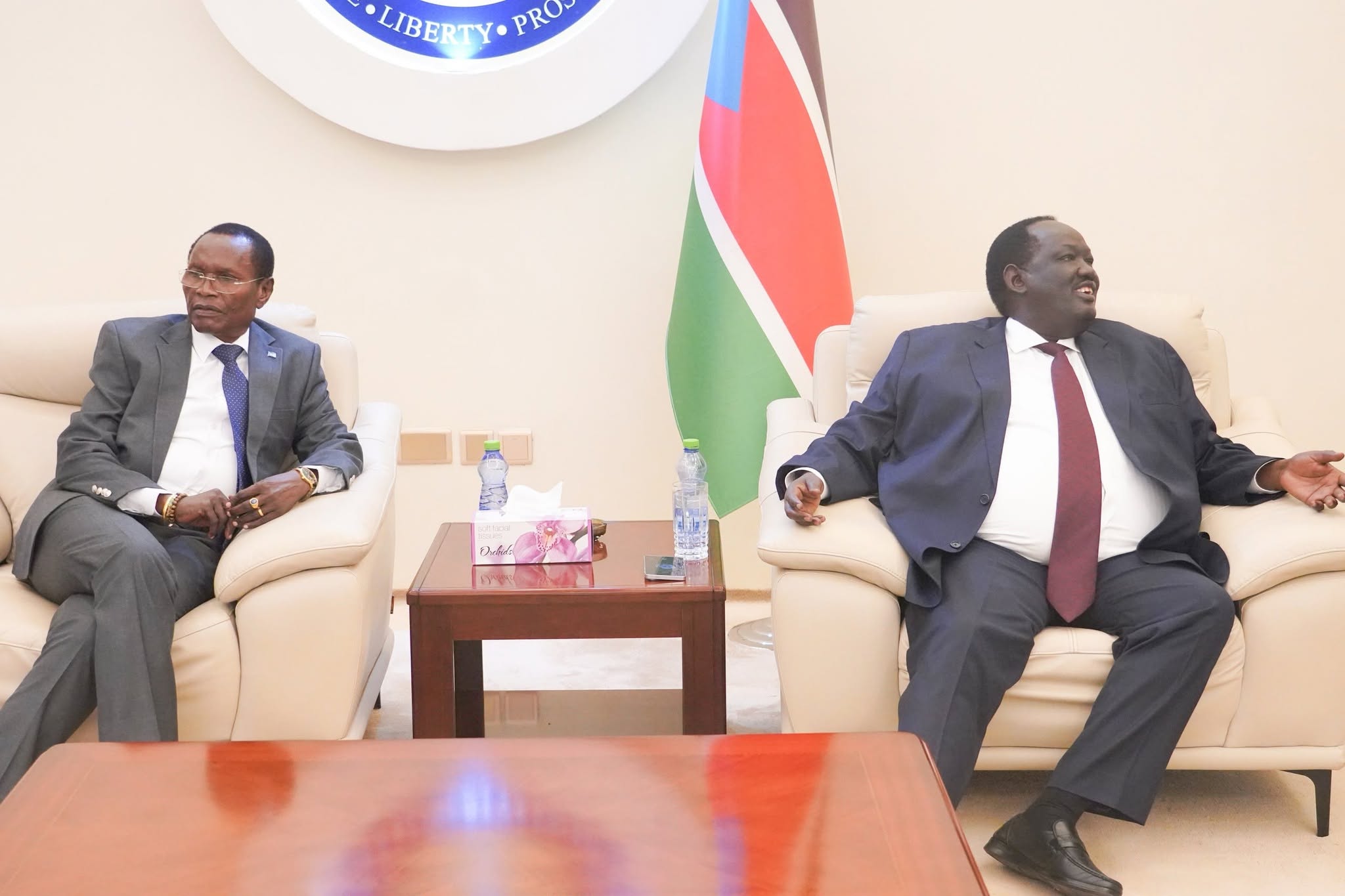Hon. Tut Gatluak Manime, Presidential Adviser for National Security Affairs, accompanied by Hon. Amb. Dr. James Pitia Morgan, Minister of Foreign Affa